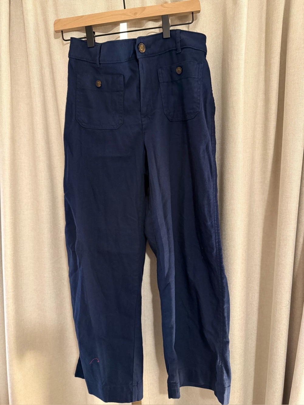 Women Loft Navy Wide-Leg Stretch Linen Blend Casual Crop Pants 4